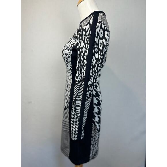 Joseph Ribkoff Sz 6 Dress Mixed Pattern Black Gray Fitted Plaid Animal Print - Picture 2 of 6